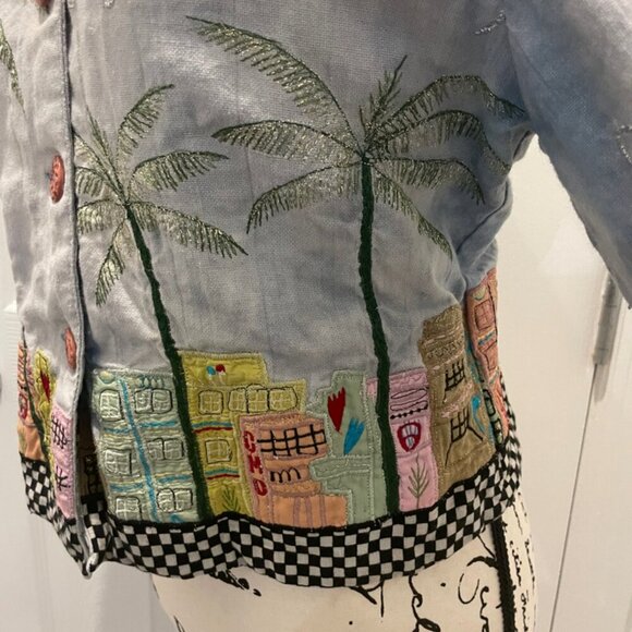 Y2K FUNKY JACKET MIAMI BEACH ART EMBROIDERED CITY DEMIN BLUE COLORS SZ XS RETRO - Picture 11 of 16
